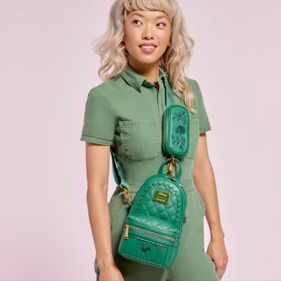 Bambi Loungefly X Disney Green Quilted Pattern Crossbody Sling Matching Coin Bag - Picture 3 of 16